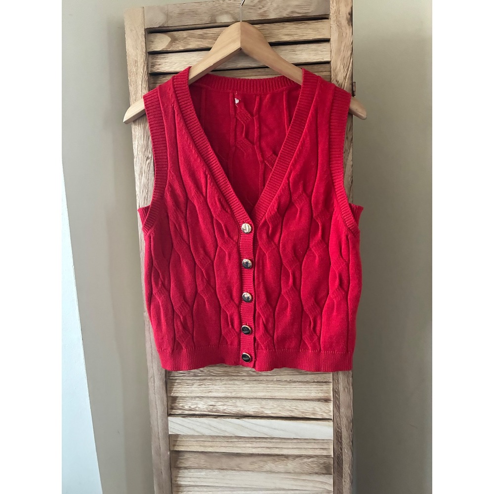 Red Cable Knit Button Front Sweater Vest V-Neck Sleeveless Cardigan Preppy Style